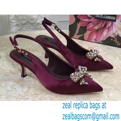 Dolce & Gabbana Heel 6.5cm Satin Slingbacks Burgundy with Crystal Bow 2021